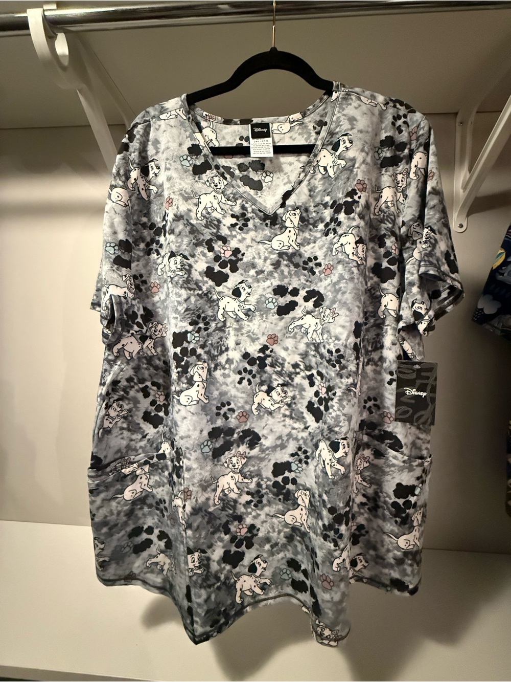 Disney Dalmatian Paw Print V-Neck Top in Gray and Black with Pink Accents